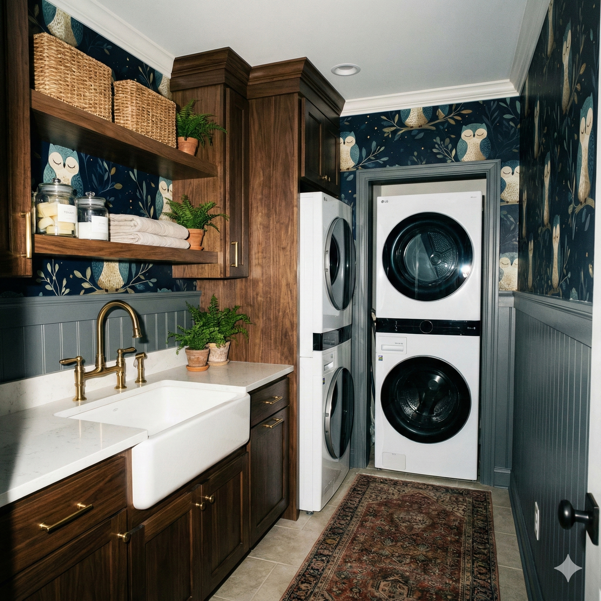 Moonlark Perch wallpaper with an owl pattern, against dark blue background, in a laundry room with brown cabinets and white stacked washer and dryer.