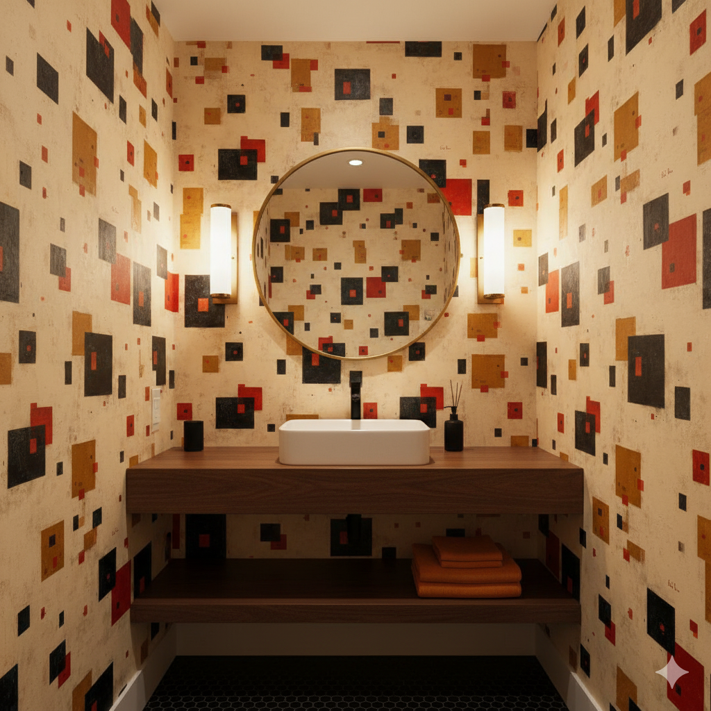 Signal Variations Wallpaper with geometric squares pattern on a bathroom wall.

