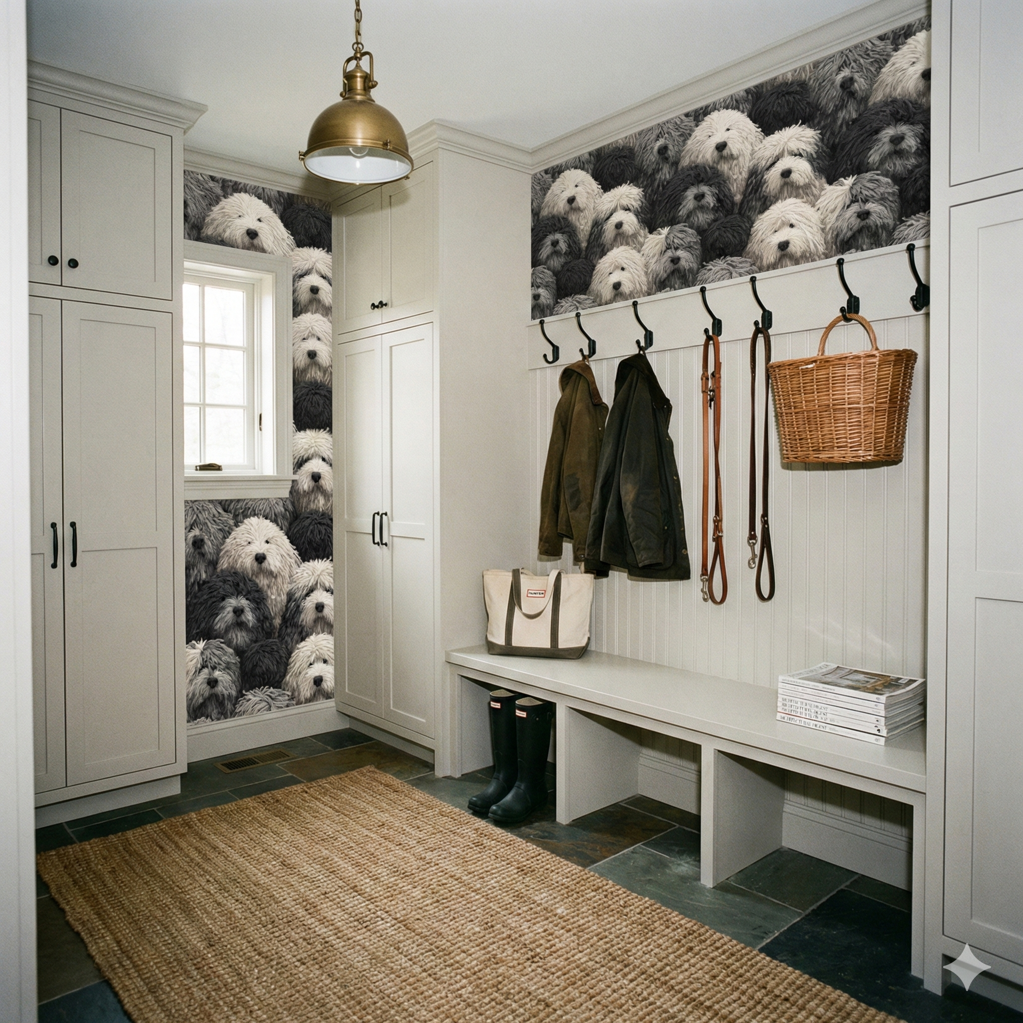 Cumulus Companion Wallpaper with black and white dog pattern, covering the walls of a gray-toned mudroom.