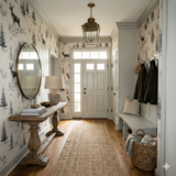 Pinecrest Stroll wallpaper with trees and deer, textured pattern.