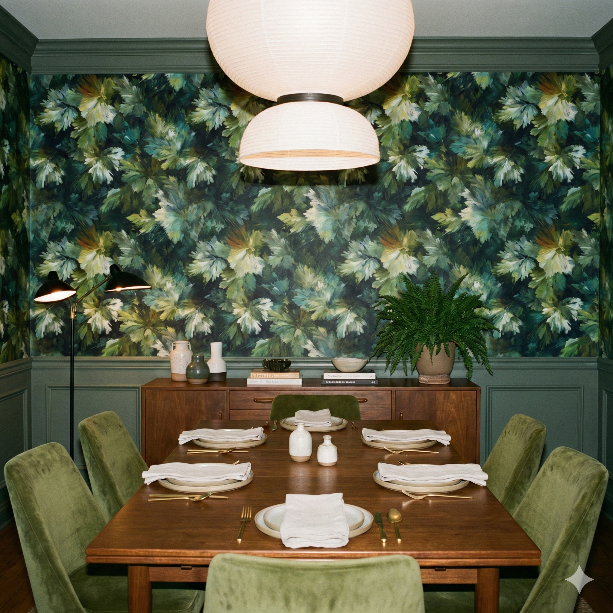 Green Fernvale Draft wallpaper with a leafy design, covering the walls of a dining room.