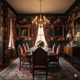 Floral cardinal peony wallpaper with red and green tones, visible in an ornate dining room.
