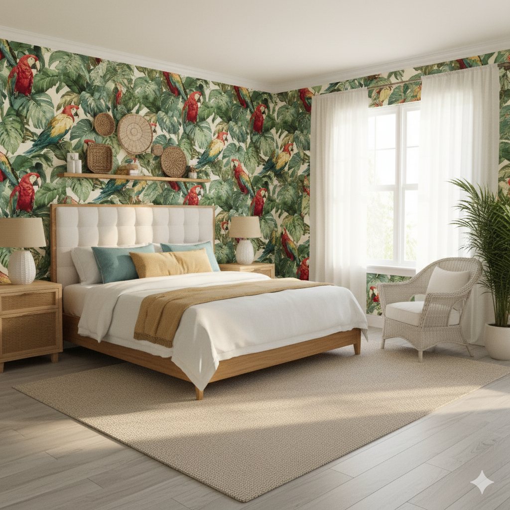 Scarlet Monstera wallpaper featuring parrots and foliage, in a tropical bedroom setting.