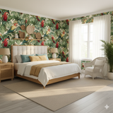 Scarlet Monstera wallpaper featuring parrots and foliage, in a tropical bedroom setting.