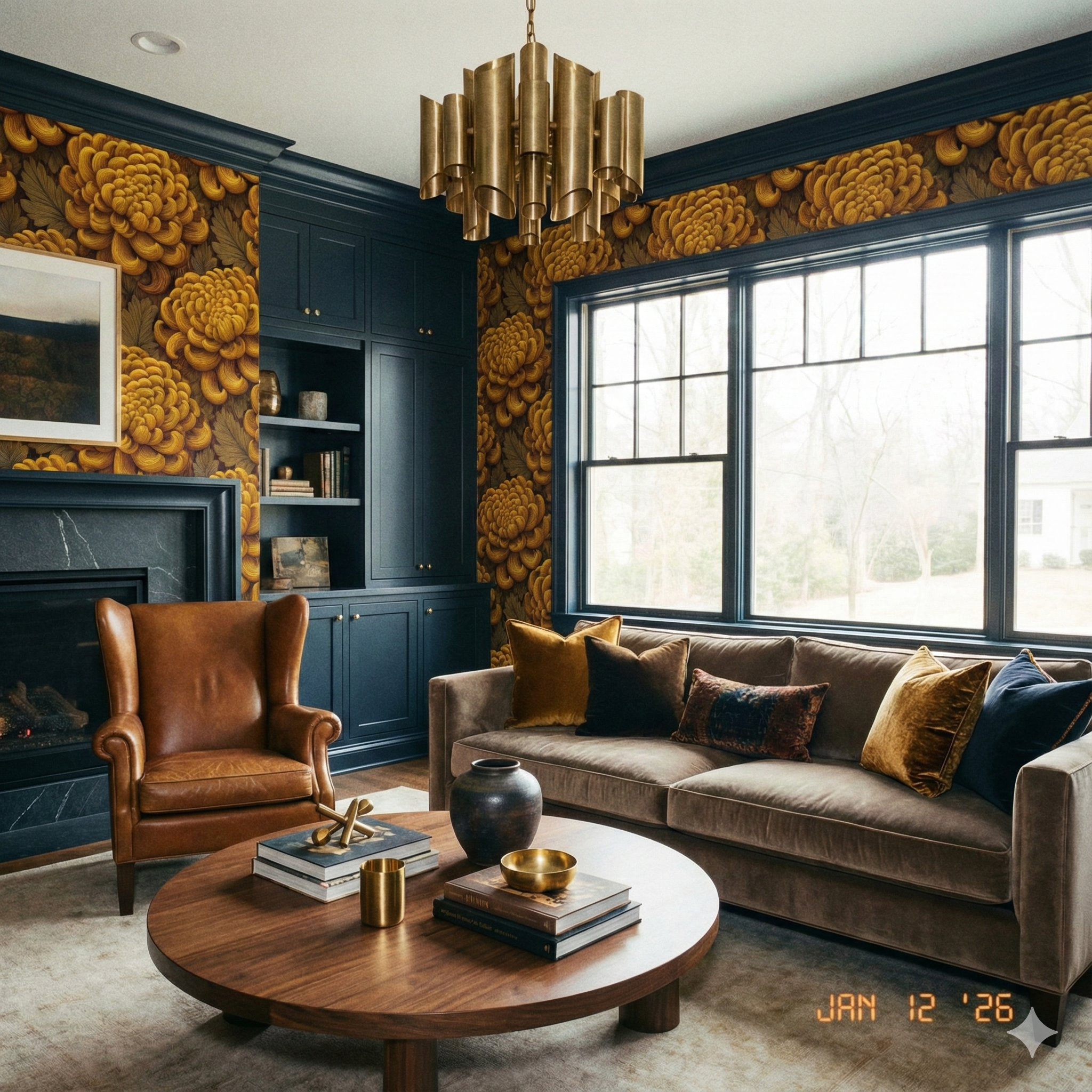 Golden Chrysanthemum Crest Wallpaper with golden floral pattern filling the dark colored living room walls.