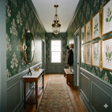 Hearthwood Heraldry Wallpaper with green floral pattern covering the wall in a traditionally decorated hallway.