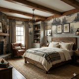 Scenic muted wallpaper by York Wallcoverings depicting dark forest trees and brushstrokes over light colored textured background.