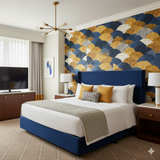Marigold arch wallpaper with gold and blue scalloped pattern.