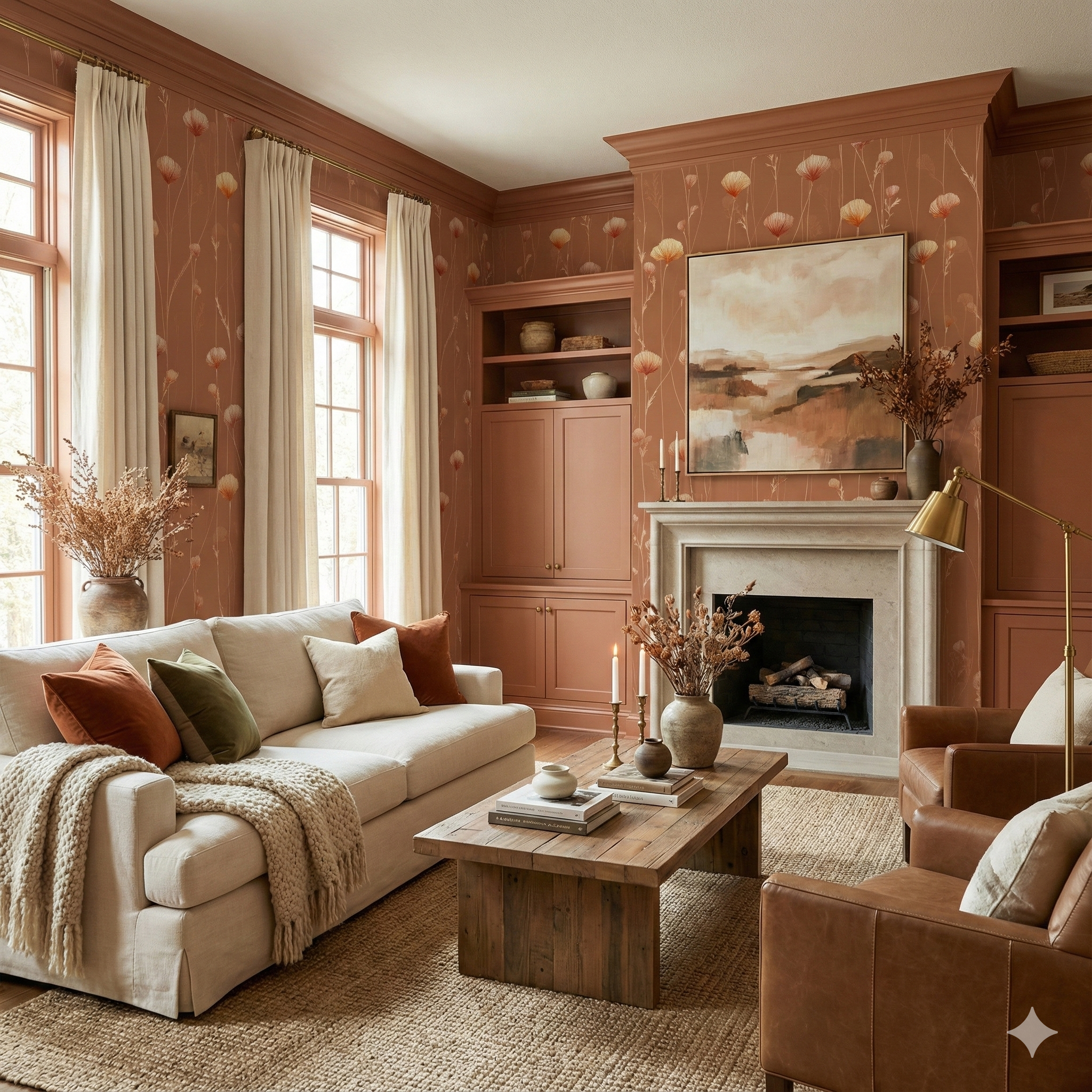 Amberfield Stems wallpaper with orange poppy pattern, covering the walls of a traditionally styled living room.
