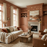 Amberfield Stems wallpaper with orange poppy pattern, covering the walls of a traditionally styled living room.