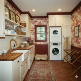 Bramble Estate Wallpaper with a red and cream toile pattern on the laundry room walls.