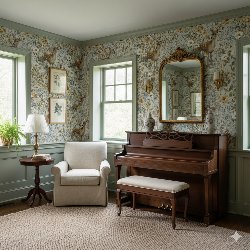 Fawnlight Meadow Wallpaper with floral and deer pattern, covering walls in a room with traditional style furniture.
