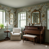 Fawnlight Meadow Wallpaper with floral and deer pattern, covering walls in a room with traditional style furniture.
