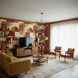 Geometric Solara Wallpaper with semi-circles and lines, adorning a mid-century modern living room.