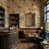 Apertif Blueprint Wallpaper with martini glass pattern on tan background.