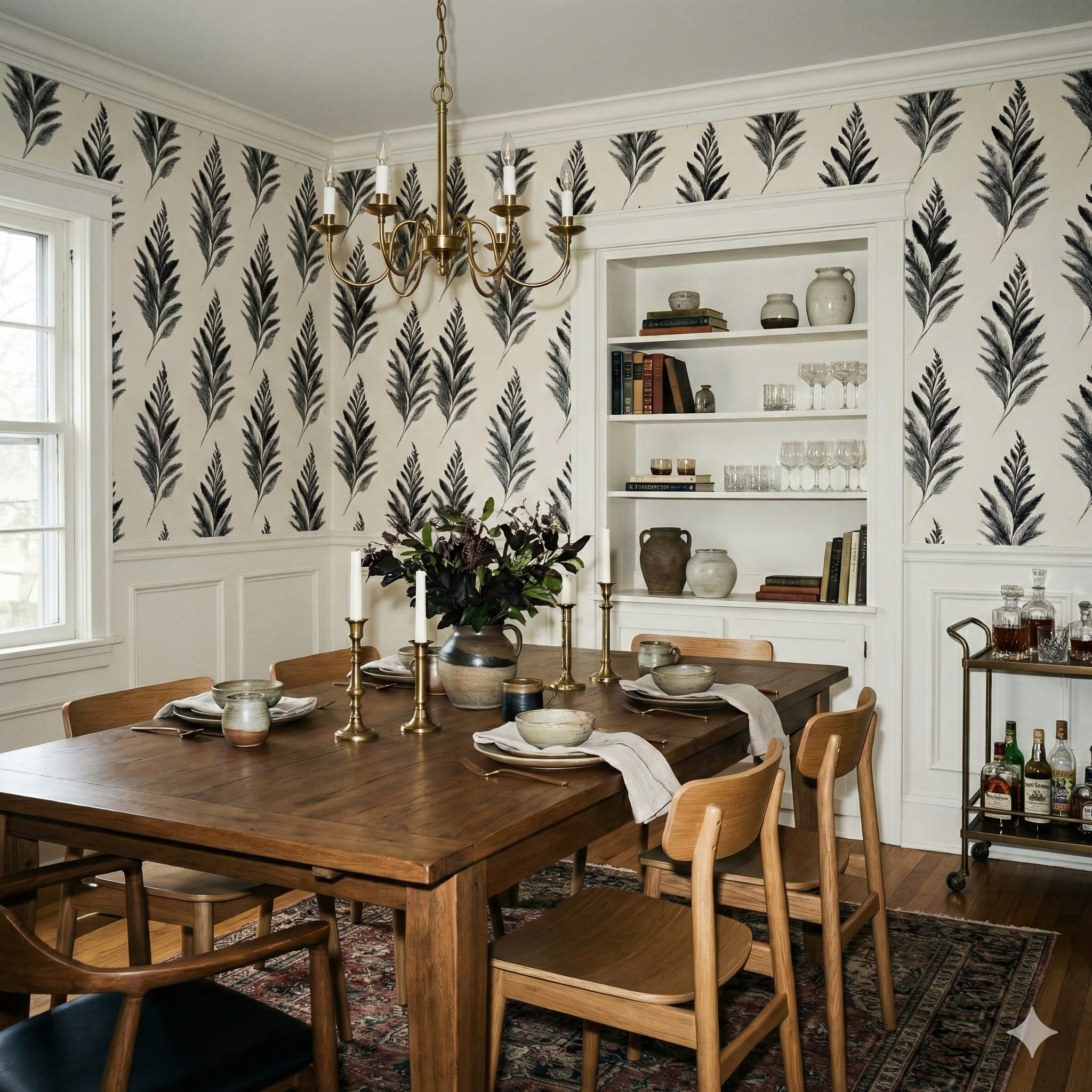 Botanical wallpaper with dark feather pattern on a light background, accenting a dining room.