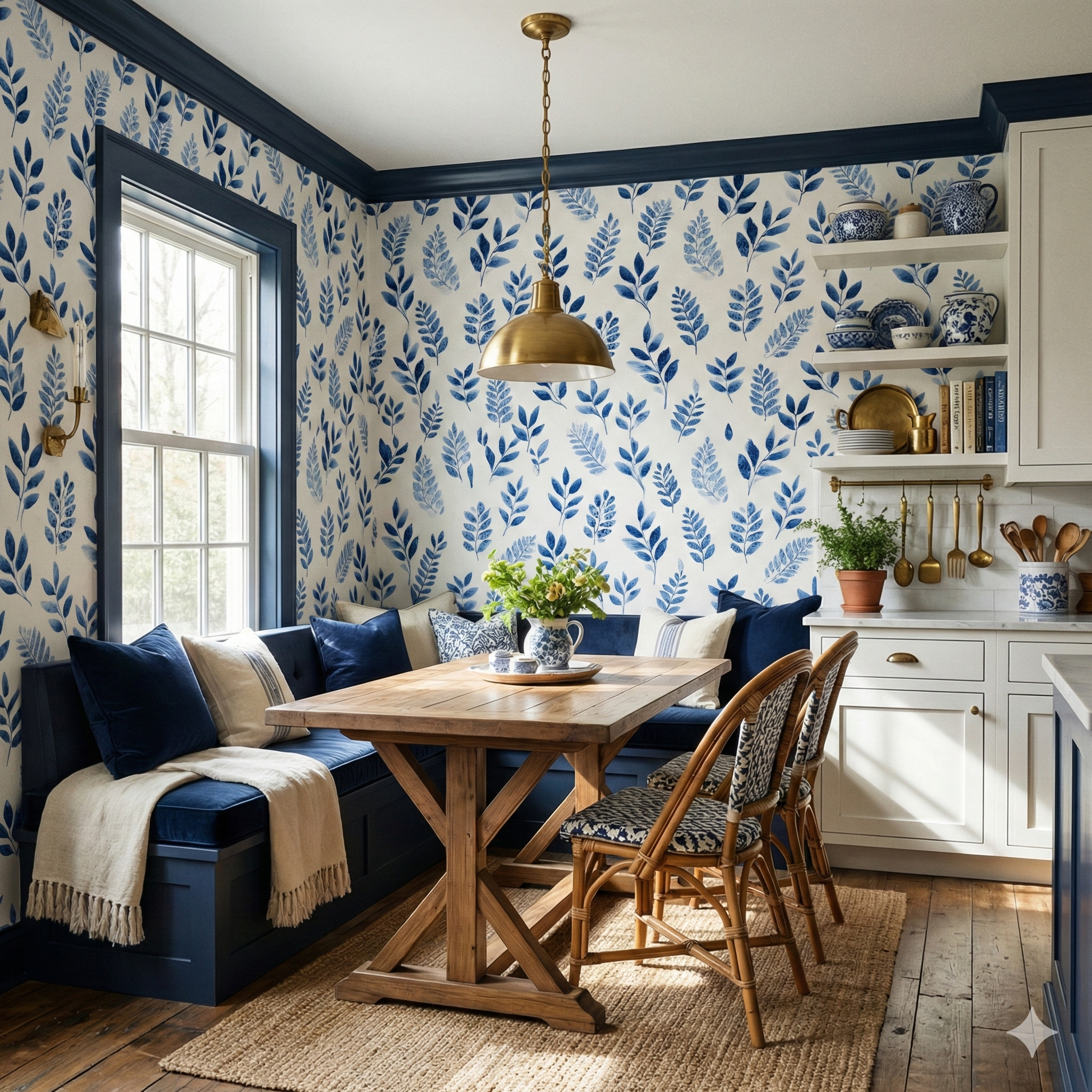 Botanical wallpaper with blue leaf pattern on a white background.