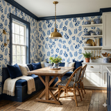 Botanical wallpaper with blue leaf pattern on a white background.