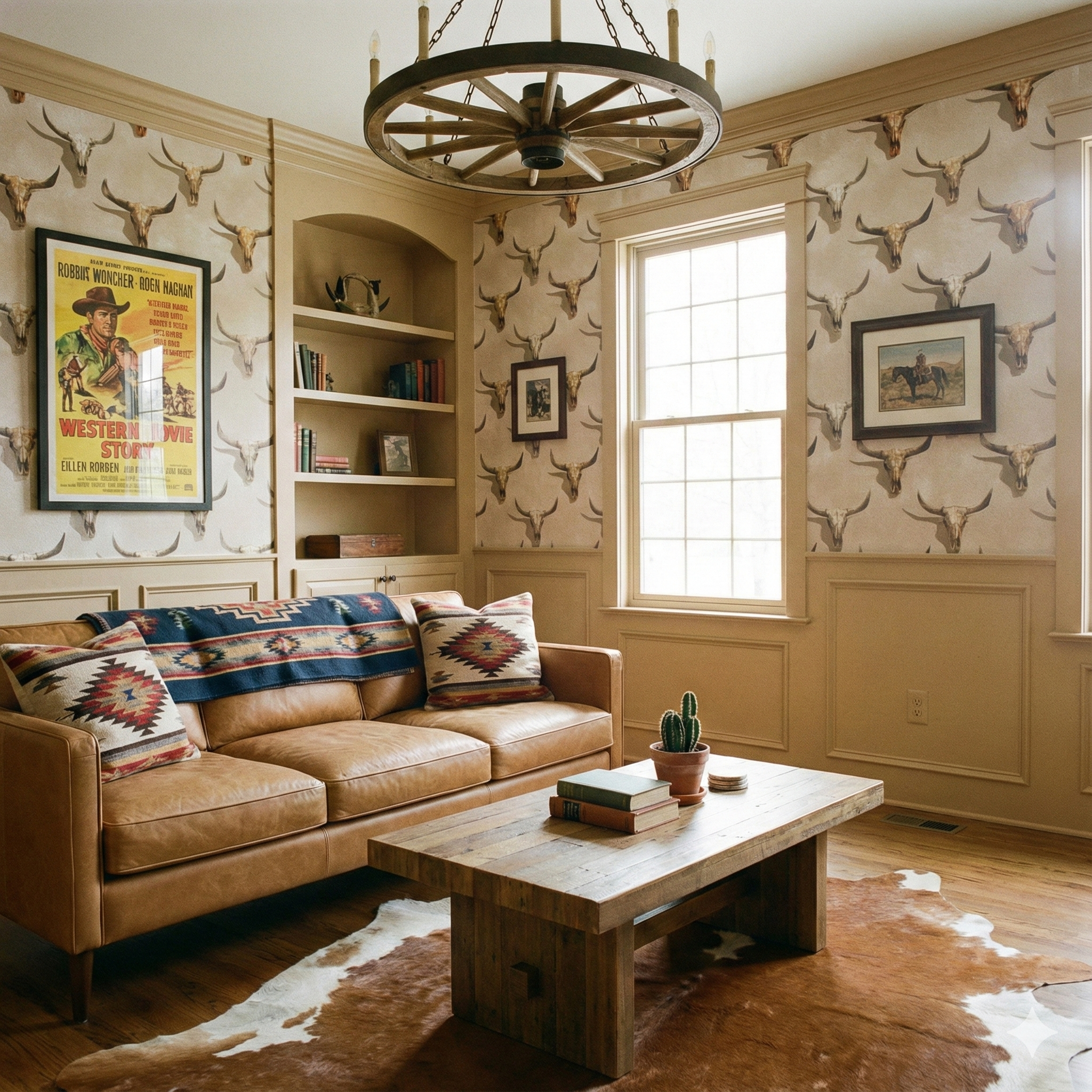Prairie Reliquary Wallpaper featuring a pattern of steer skulls in a Western-themed interior.
