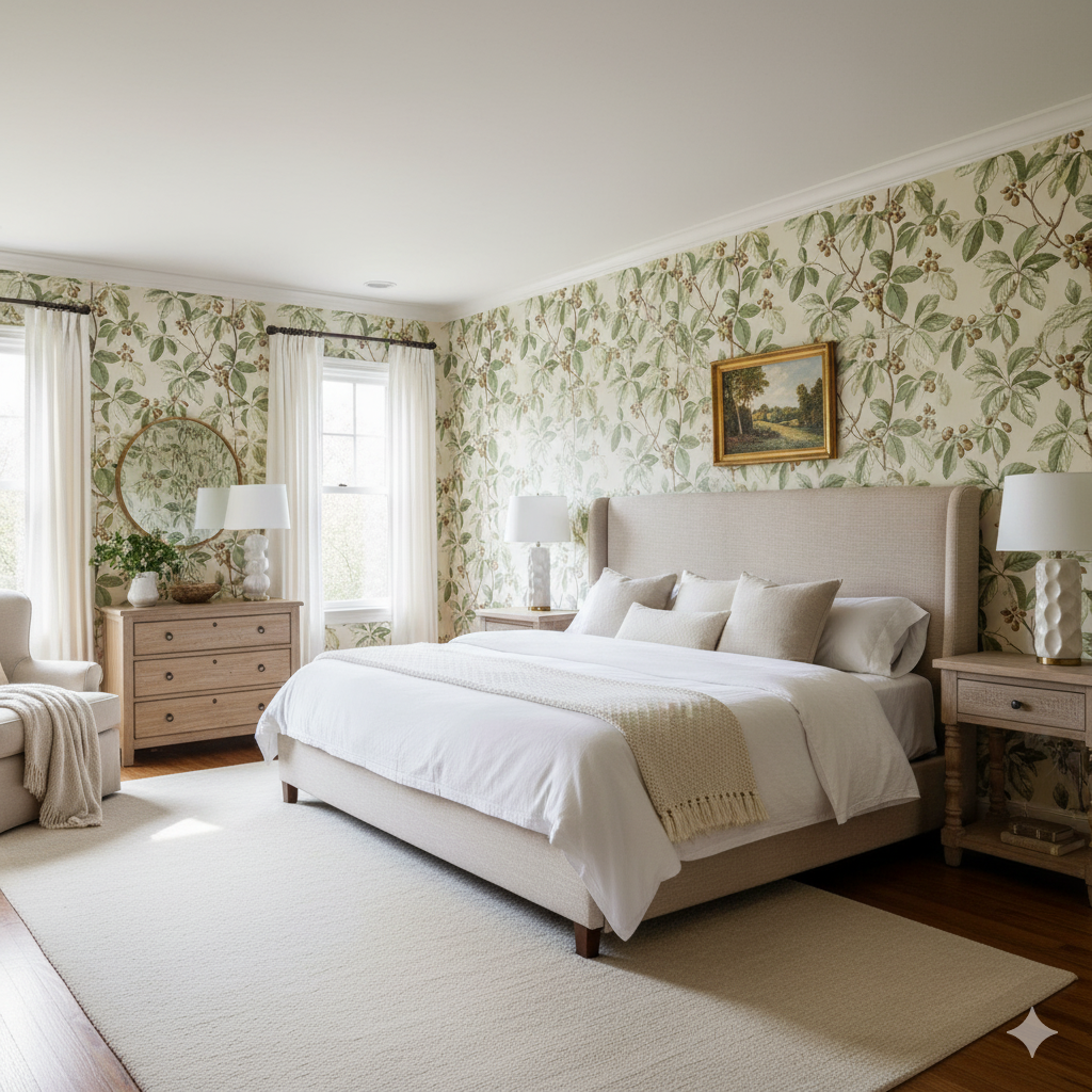 Botanical wallpaper with a leaf and berry pattern from Schumacher, enhancing a bedroom interior.
