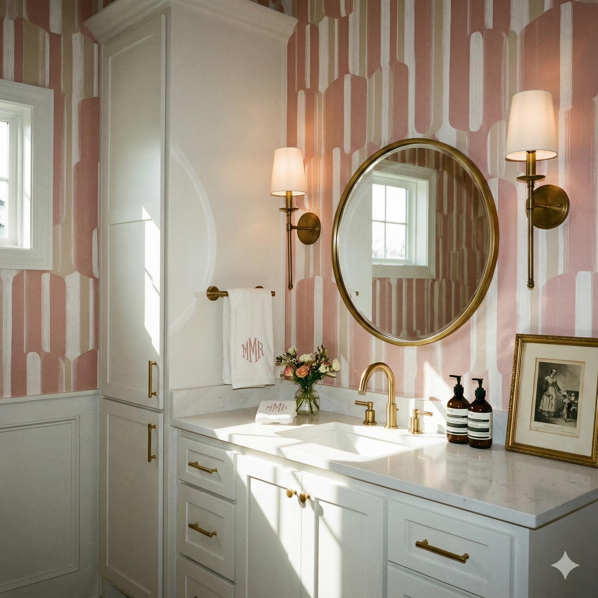 Blush canopy stripe wallpaper with a pattern of vertical, rounded rectangles, set in a bathroom.