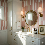 Blush canopy stripe wallpaper with a pattern of vertical, rounded rectangles, set in a bathroom.
