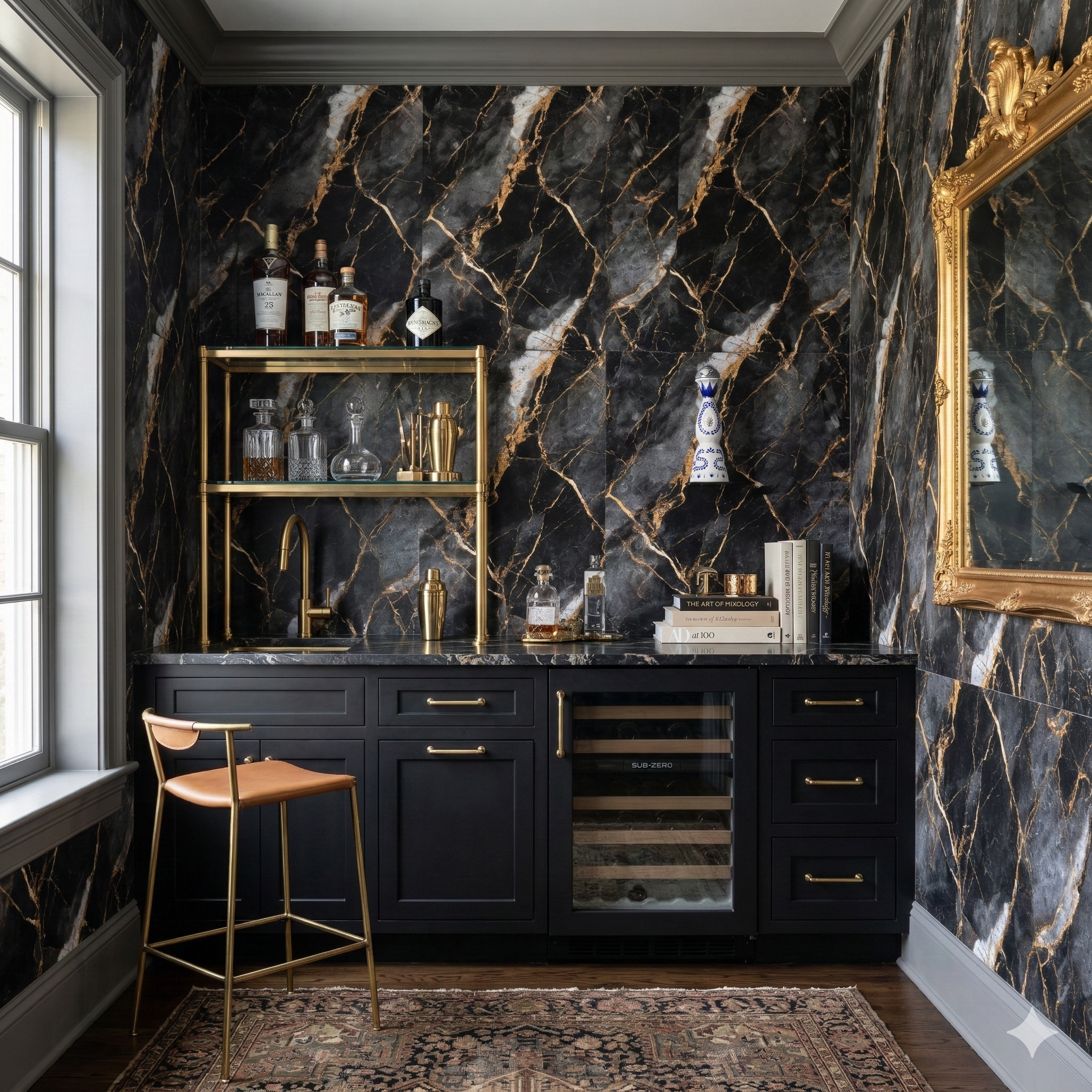 Black and gold marble pattern wallpaper by Nocturne Aurum, covering a wet bar area with gold accents.
