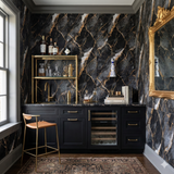 Black and gold marble pattern wallpaper by Nocturne Aurum, covering a wet bar area with gold accents.
