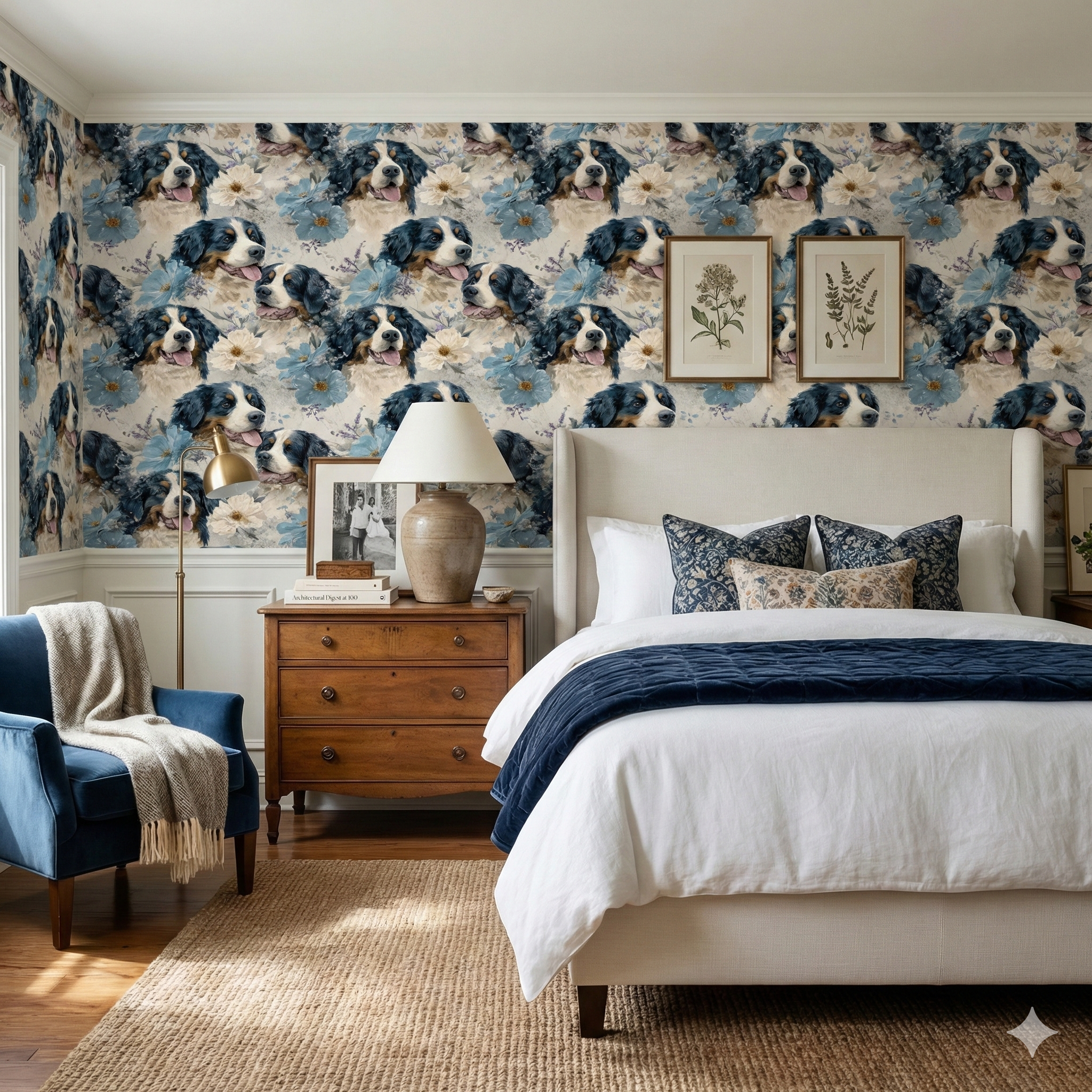Alpine Elysium Wallpaper with dog and floral pattern on bedroom wall.
