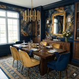 Aurellan Palms wallpaper featuring dark blue and golden palm leaf patterns.
