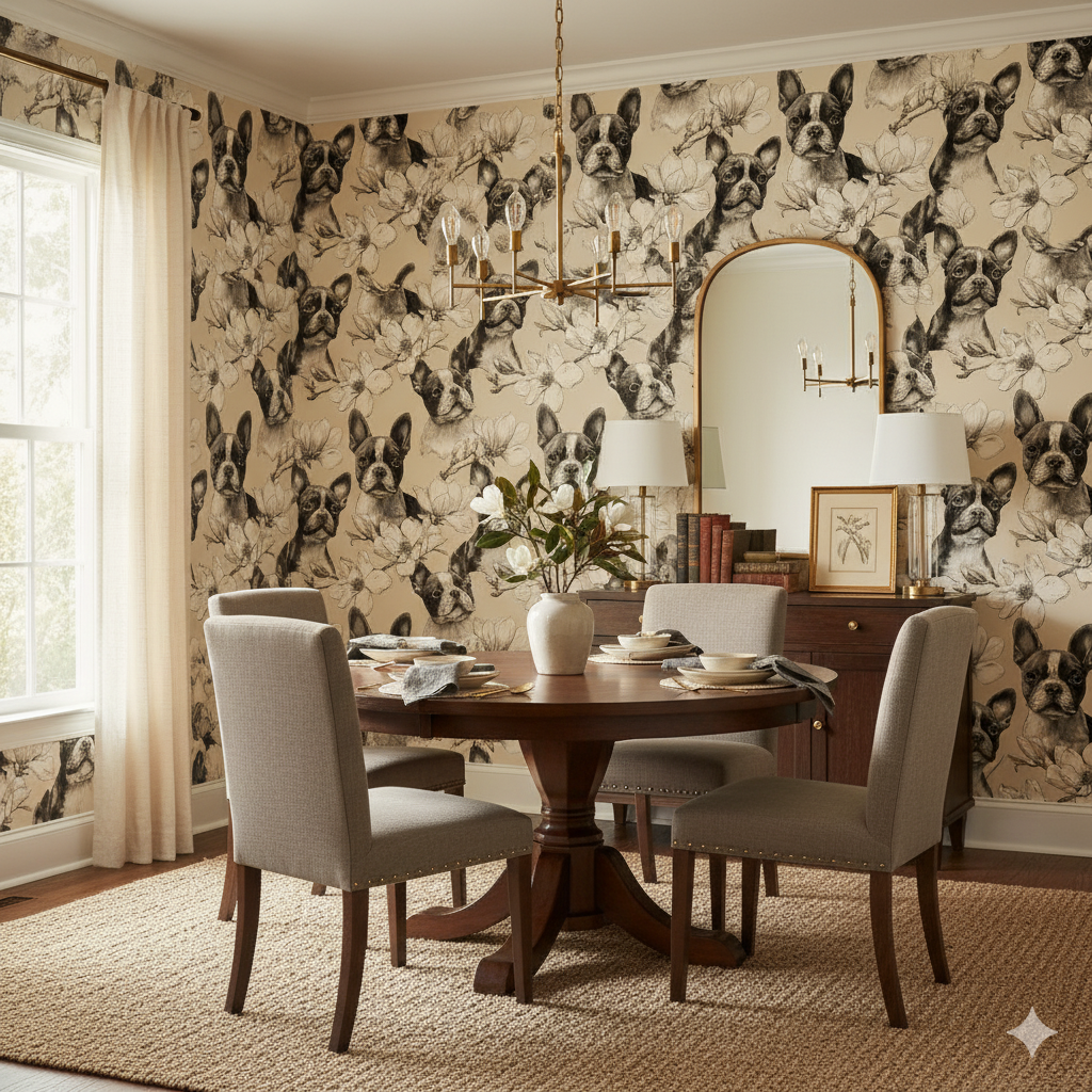 Magnolia Companions Wallpaper with a beige backdrop and a repeated Boston Terrier dog and magnolia design.