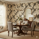 Magnolia Companions Wallpaper with a beige backdrop and a repeated Boston Terrier dog and magnolia design.