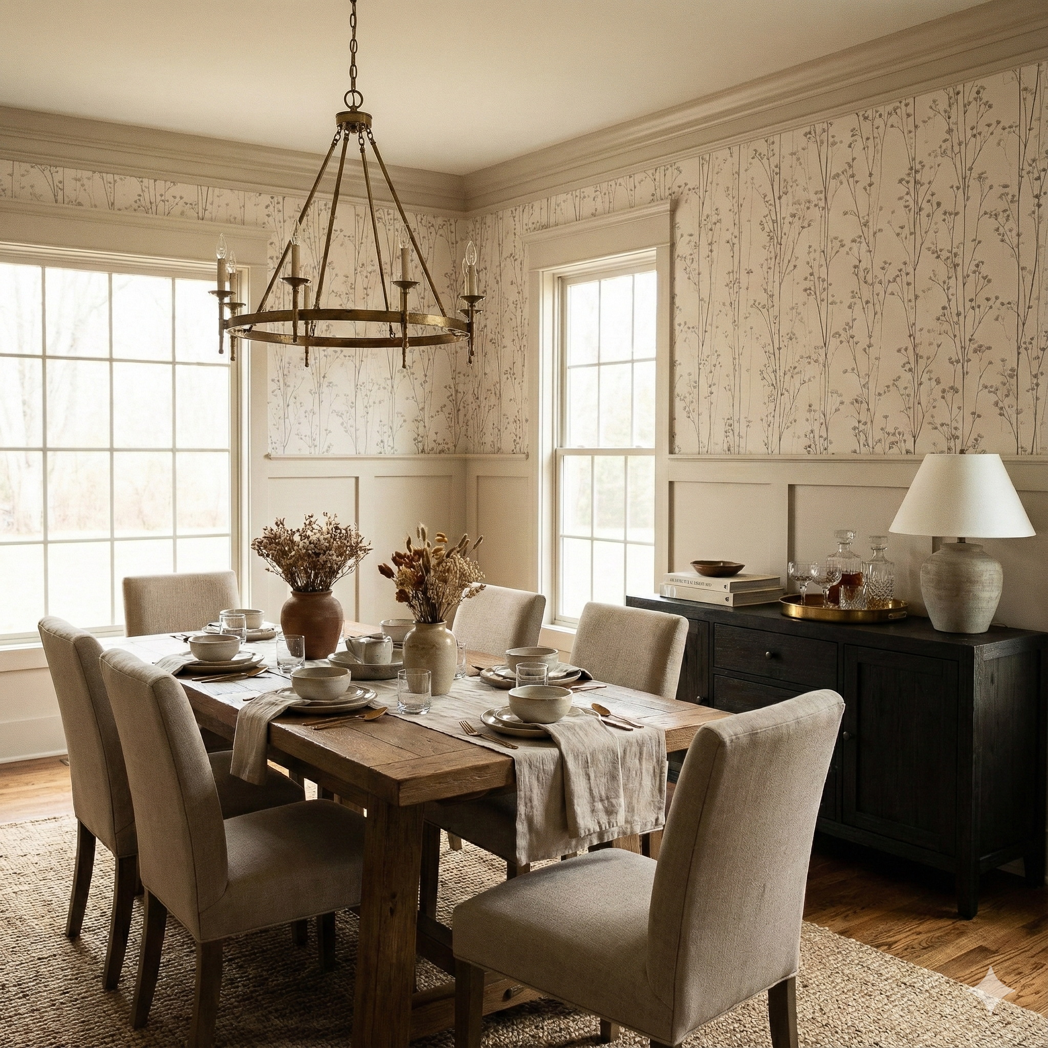 Winterling Stems wallpaper with beige floral pattern, covering the upper half of the dining room walls.
