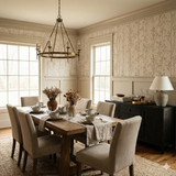Winterling Stems wallpaper with beige floral pattern, covering the upper half of the dining room walls.