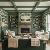 Cabin Ridge Wallpaper with a woodland cabin pattern, covering a traditionally styled room with green trim.