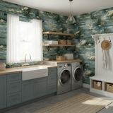 Silverwater Swan Wallpaper with blue and green hues, featuring a floral pattern and swan imagery.