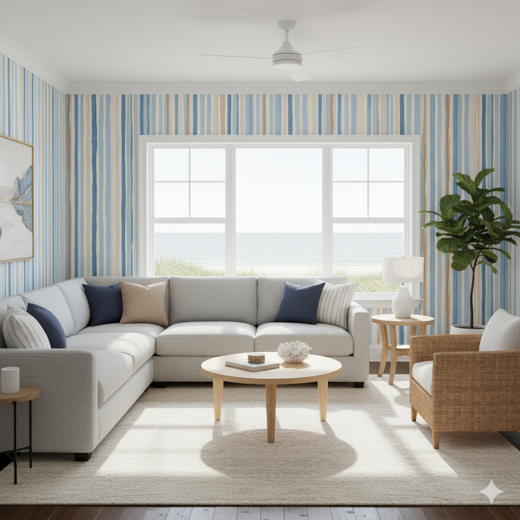 Striped wallpaper with blue and beige tones, in a room setting, featuring a nautical-themed living space.