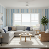 Striped wallpaper with blue and beige tones, in a room setting, featuring a nautical-themed living space.