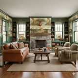Marshlight wallpaper featuring a repeating pattern of deer and wetland birds, styled in a cozy, traditional room.
