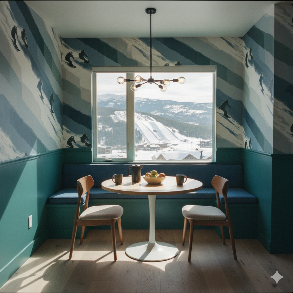 Alpine Descent Wallpaper with skiing motif, covering a dining nook featuring a tulip table.
