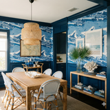 Intracoastal Blueprint Wallpaper with a nautical print, coastal style, and blue and white color scheme.