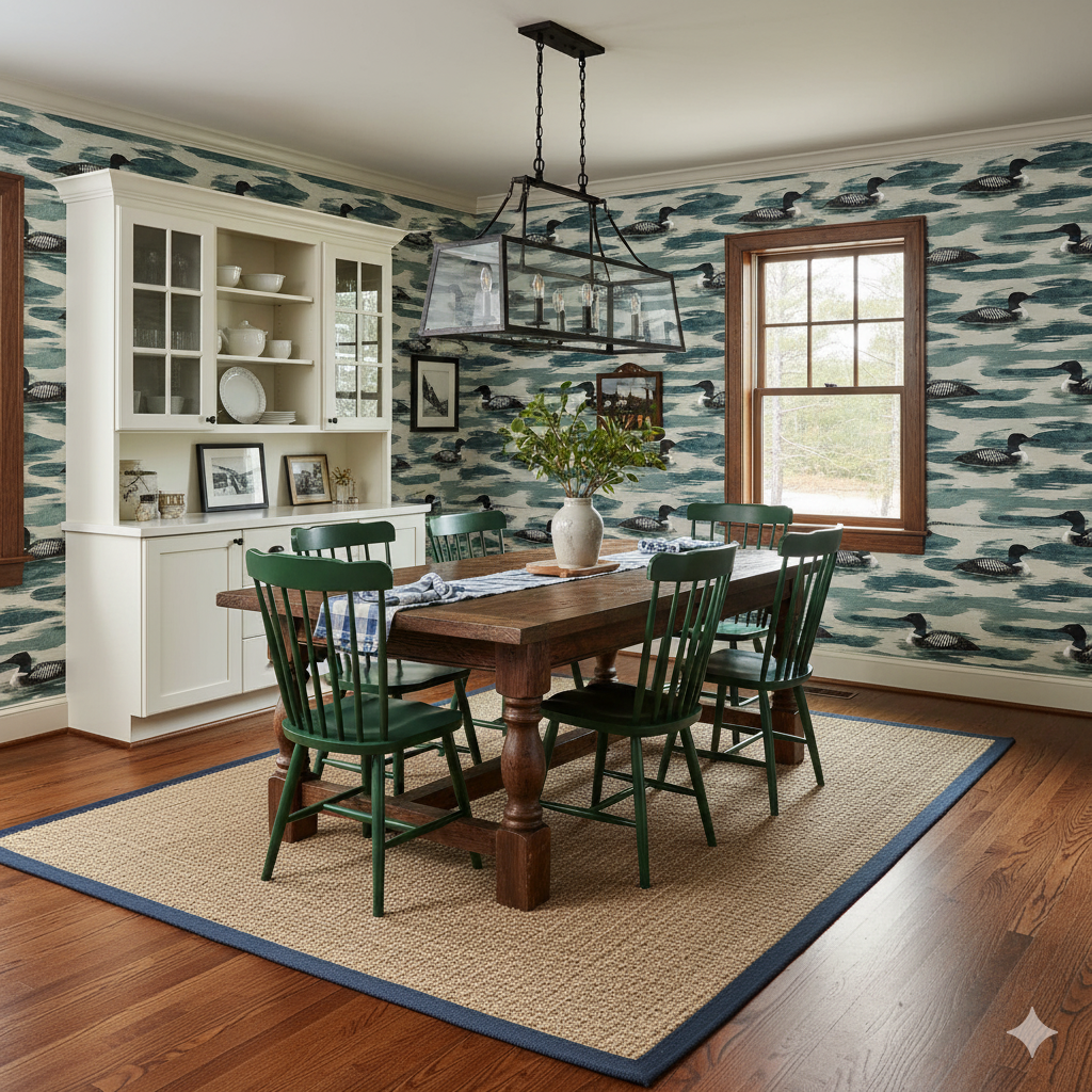 Loon Haven wallpaper with loon pattern in blue and white.
