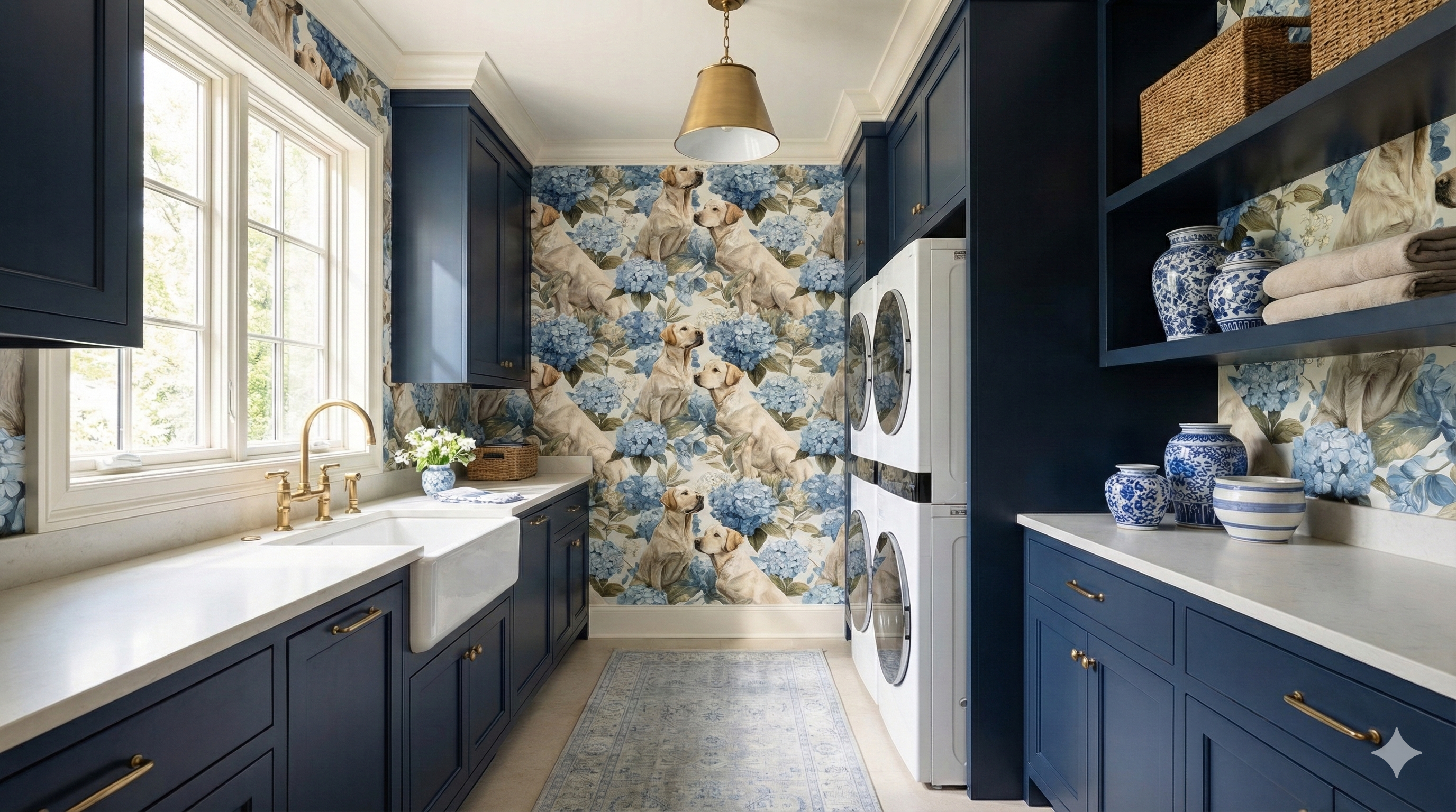 Hyacinth Reverie wallpaper featuring dogs and flowers on a white backdrop.