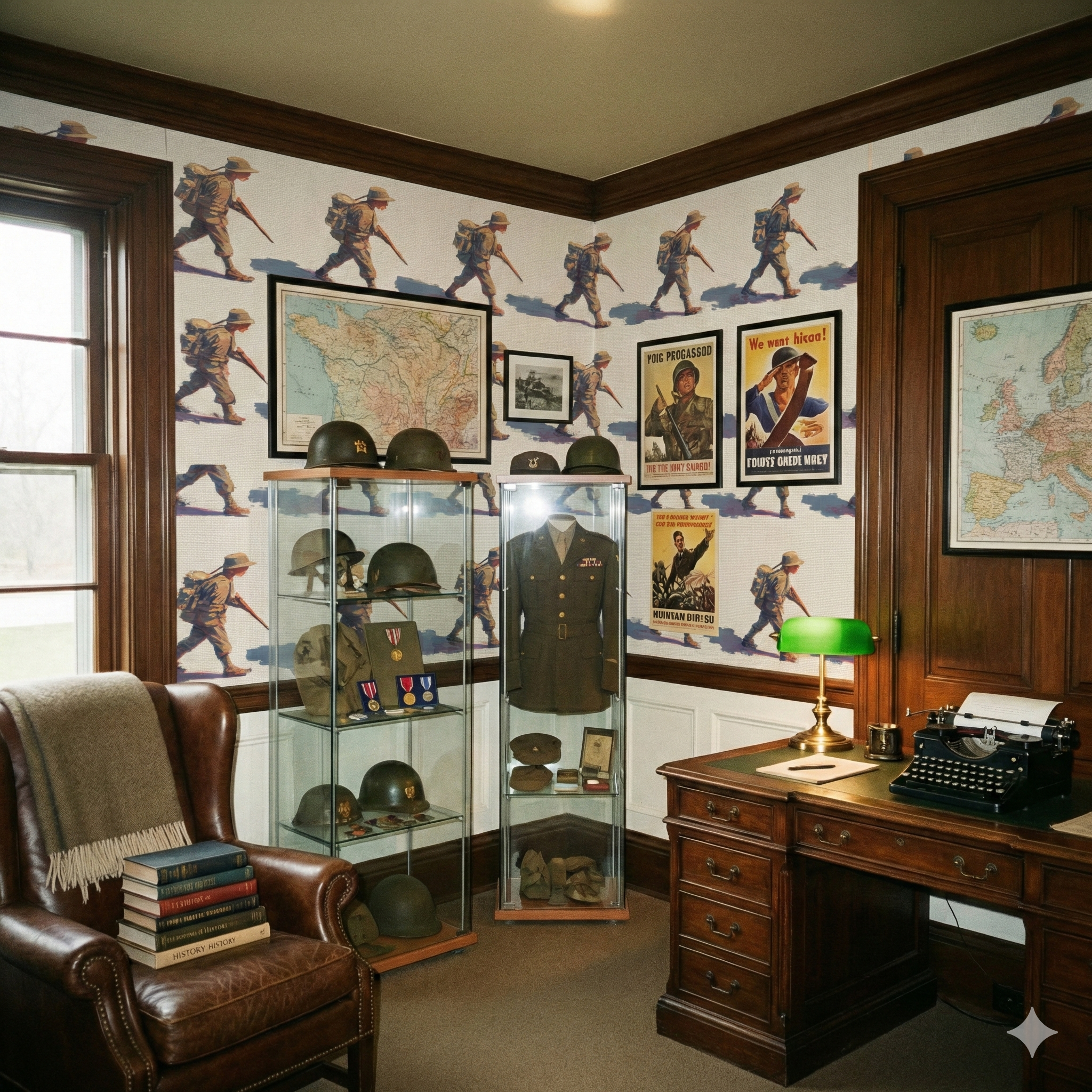 Field March Wallpaper with soldier print, patterned walls, and military memorabilia displayed on shelving.