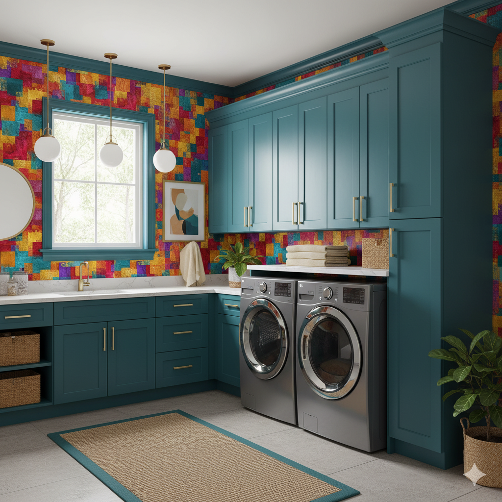Colorful mosaic wallpaper, featuring a square pattern, with blues, reds, and yellows.
