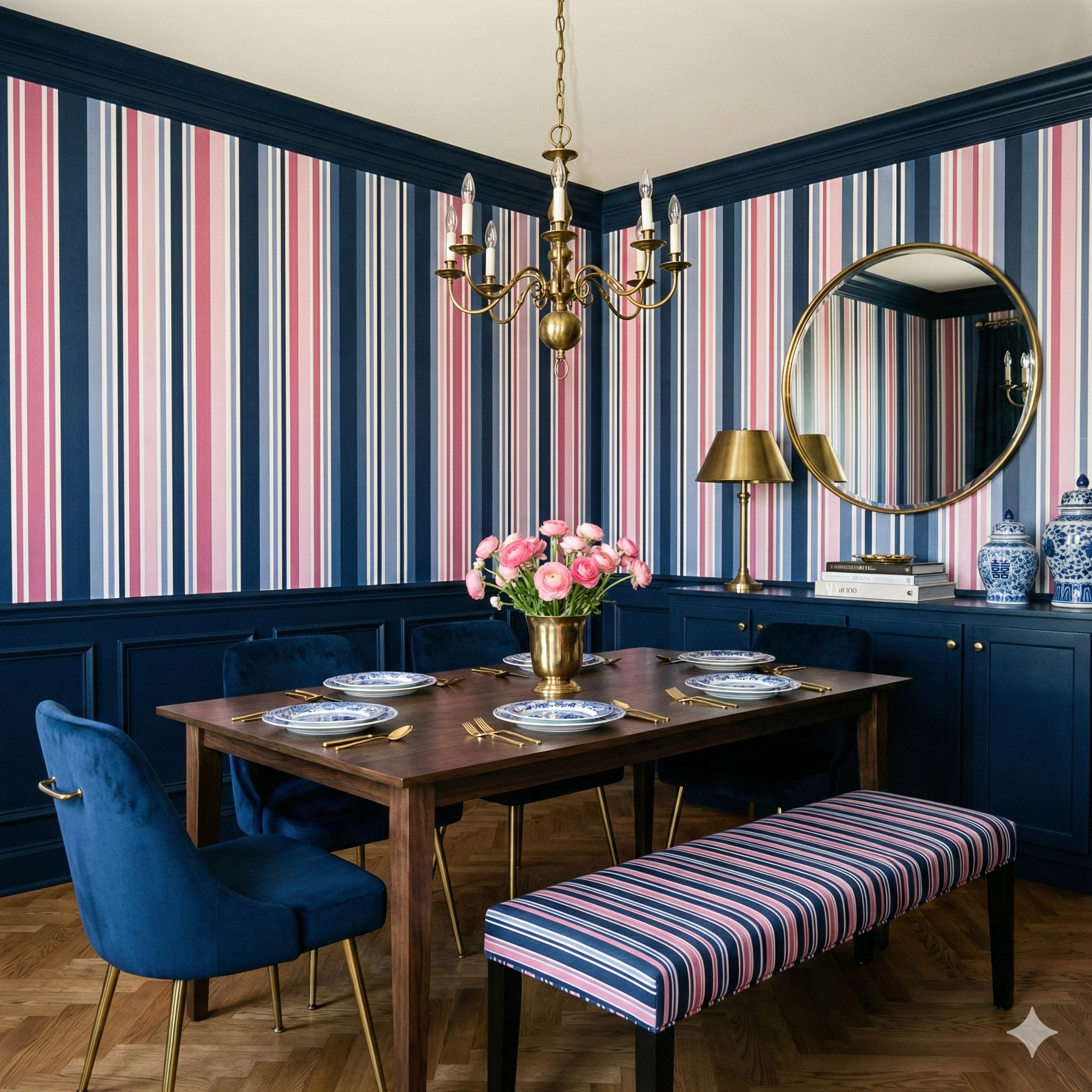 Highland Stripe wallpaper featuring pink, navy, and white vertical stripes.