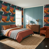 Rye Current wallpaper with an abstract wavy pattern in orange, teal, and burgundy tones.
