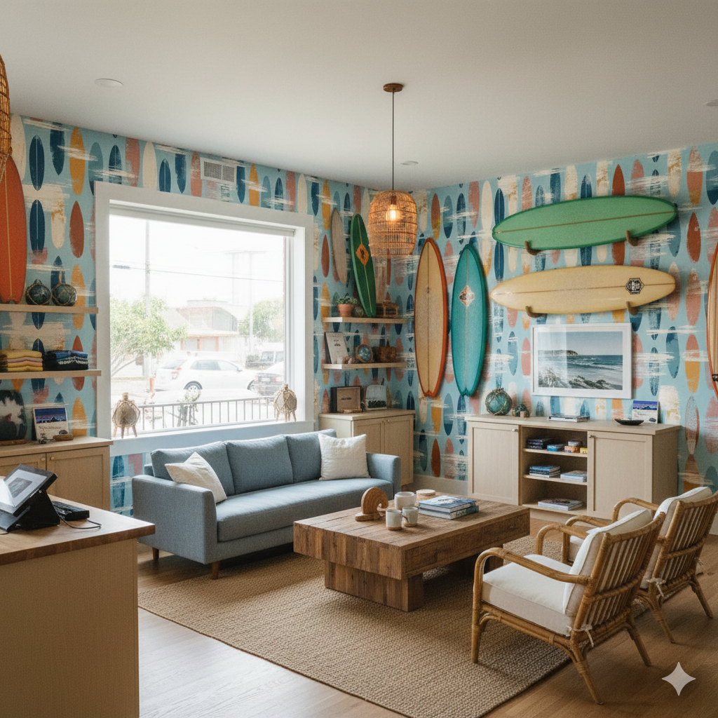 Surfline Color Run wallpaper with surfboards pattern on a light blue background.