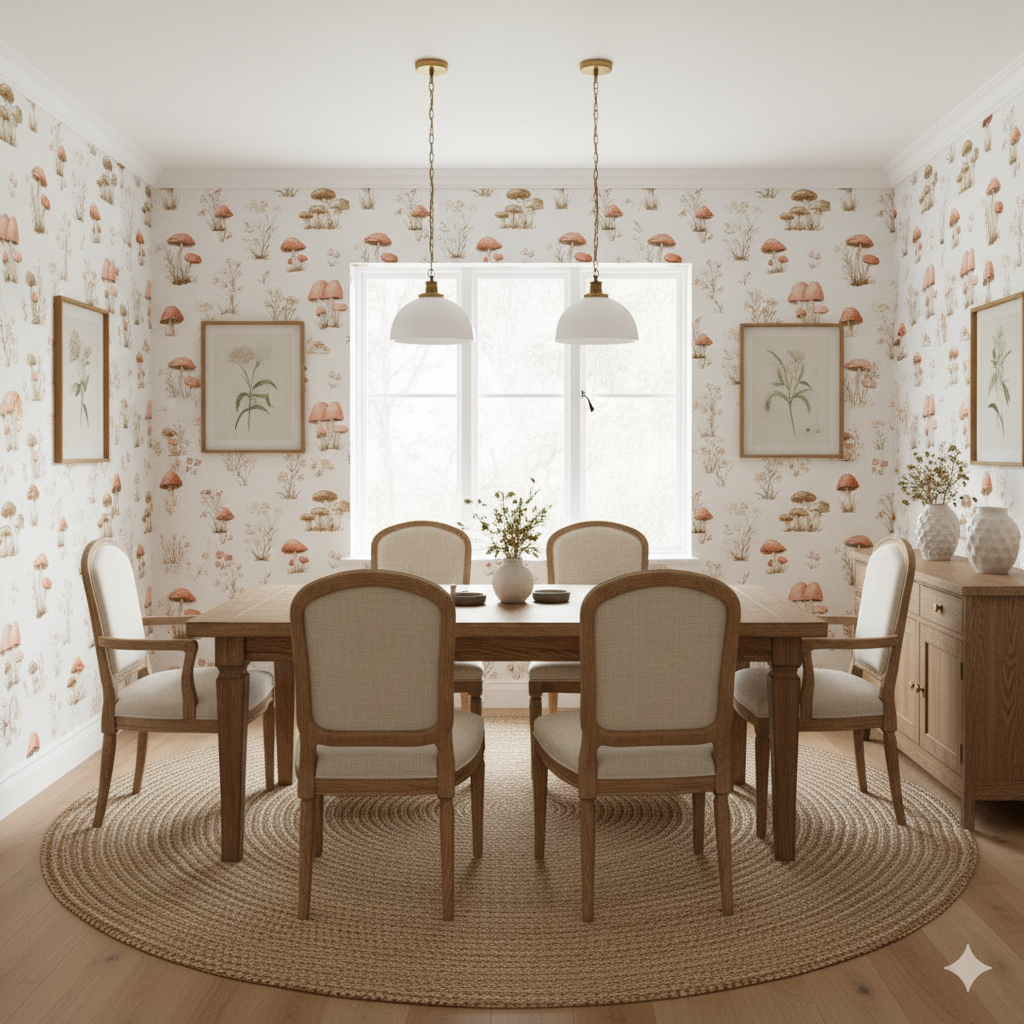 Mushroom patterned wallpaper with a forest design, showing neutral tones and botanical art.