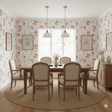 Mushroom patterned wallpaper with a forest design, showing neutral tones and botanical art.